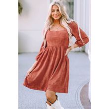 Brown Suede Square Neck Puff Sleeve Dress