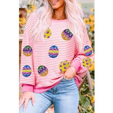 Pink Stripe Easter Egg Patched Graphic Drop Shoulder Long Sleeve Top