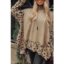 Khaki Leopard High Neck Side Slit Oversized Sweater