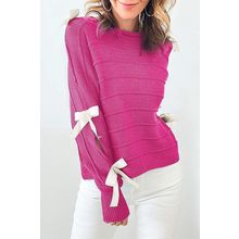 Rose Red Bow Knot Cut Out Round Neck Loose Sweater