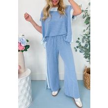Sky Blue 2-tone Colorblock Patchwork Corded 2pcs Outfit