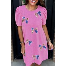 Bright Pink Flag Pattern Inspired Sequin Bow Spiral Ribbed Puff Sleeve T Shirt D