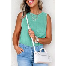Sea Green Mineral Wash Patched Chest Pocket Casual Tank Top
