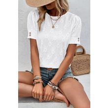 White Flower Geometric Textured Button Short Sleeve Top