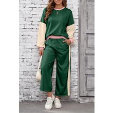 Blackish Green 2pcs Color Block Pullover Loose Pant Set
