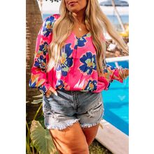 Rose Floral Pattern V Neck Balloon Sleeve Plus Size Blouse