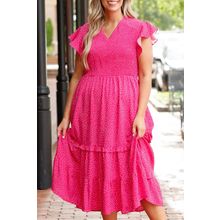 Rose Polka Dot Print Ruffled Smocked High Waist Plus Midi Dress