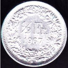 1967 B Switzerland 1 Half Franc Silver Coin