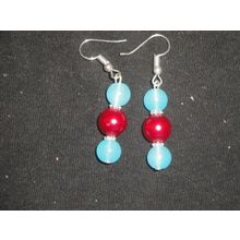 Frosted round sky blue over round solid pearl red glass dangle earrings