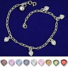 Sterling Silver Asst Color Cz Heart Charms On Chain Bracelet