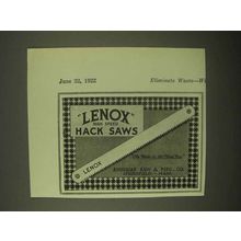 1922 Lenox High Speed Hack Saws Ad