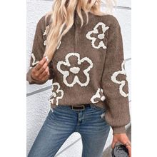 Parchment Contrast Flower Half Zipper Stand Neck Sweater