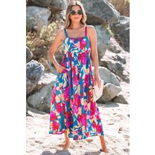 Dark Blue Floral High Waist Sleeveless Flared Long Dress