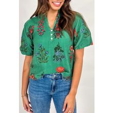Bright Green Floral Print Buttoned V Neck Short Sleeve Blouse