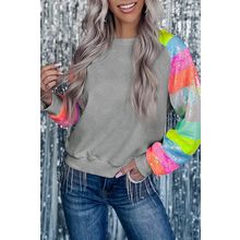 Gray Sequin Color Block Raglan Sleeve Pullover Sweatshirt