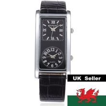 Long Black Dual Time Face Stainless Steel Back Black Leather Strap Watch