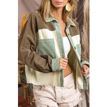 Green Color Block Patchwork Vintage Corduroy Jacket