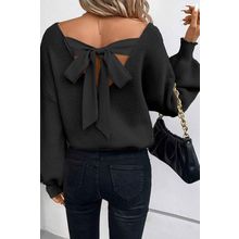 Black Lantern Sleeve V Neck Knot Back Sweater