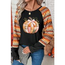 Orange Cute Pumpkin Graphic Geo Print Raglan Long Sleeve Tee