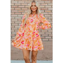 Orange Abstract Print Smocked Lantern Sleeve Ruffle Mini Dress
