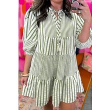Green Stripe Bracelet Sleeve Tasseled Tied Neck Tiered Plus Size Mini Dress