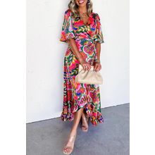 Rose Summer Plant Print Surpliced V Neck Ruffled Asymmetric Slit Wide Short Slee