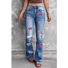 Blue Sequin Bowknot Print Distressed Flared Jeans