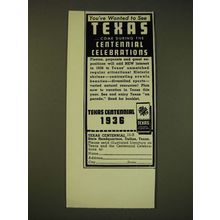 1936 Texas Centennial Ad - Come during the Centennial Celebrations