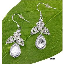 Rhinestone Leaf w/ Dangling Tear Drop Earrings - Clear - ER-21756