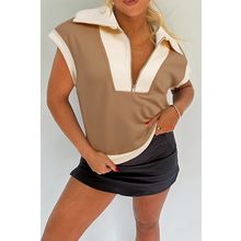 Simply Taupe Half Zipper Collared Colorblock Short Sleeve Top