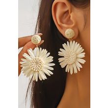 White Boho Raffia Crochet Sunflower Dangle Earrings