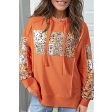 Flamingo Mix Floral Patchwork Side Slit Drawstring Hoodie