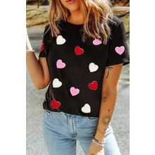 Black Valentines Chenille Heart Patched Pattern Crewneck Tee