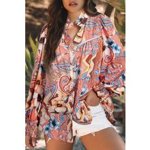 Orange Floral Print Shirred Cuff Buttoned Loose Shirt