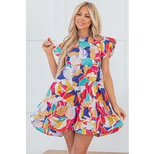 Pink Abstract Printed Ruffled Flutter Sleeve Tiered Mini Dress