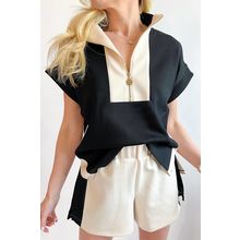Black Contrast Zipped Stand Collared T Shirt and Short Set