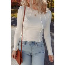 White Exposed Seam Ribbed Knit Slim Fit Long Sleeve Top