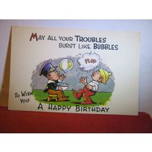 TROUBLES/BUBBLES, CHILD'S BIRTHDAY, unused vintage postcard children =
