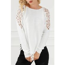 White Solid Scoop Neck Hollow Out Sweater