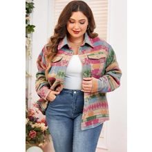 Pink Plus Size Aztec Printed Flap Pocket Shacket