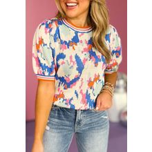 Apricot Abstract Pattern Knit Contrast Striped Trim Short Sleeve Sweater