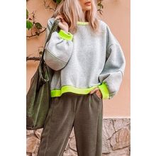 Light Grey Contrast Color Banding Patchwork Puff Sleeve Loose Sweatshirt