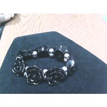 Chunky Wide Black Rose Flower Stretch Elastic Bracelet 1.5" Wide