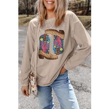 Smoke Gray Western Cowboy Boots Graphic Corded Loose Sweatshirt