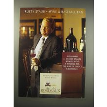 1990 Bordeaux Wine Ad - Rusty Staub Wine & Baseball Fan