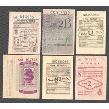 6 x Different British Motor Fuel / Petrol Ration Coupons :- Original Vintage