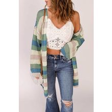 Green Striped Color Block Hollowed Knit Cardigan