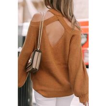 Brown Crew Neck Cold Shoulder Hollow-out Back Sweater