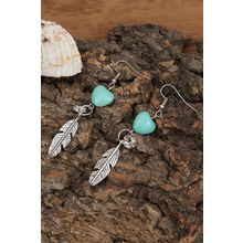 Silvery Turquoise Heart Shape Alloy Feather Drop Earrings