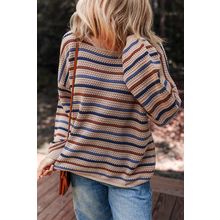 Multicolour Striped Knitted Drop Shoulder Round Neck Sweater